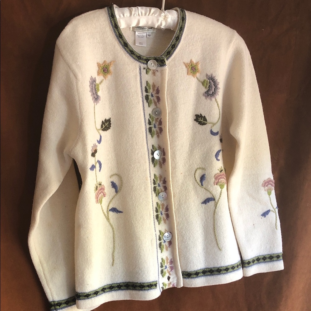 Coldwater Creek Cream Cardigan with Pastel Floral Embroidery and Green Trim